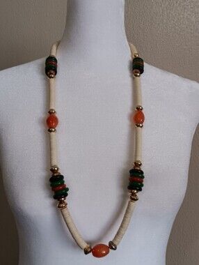 Vintage Boho Tribal Necklace Chunky Bead Green Orange Cream Bohemian 80s 90s